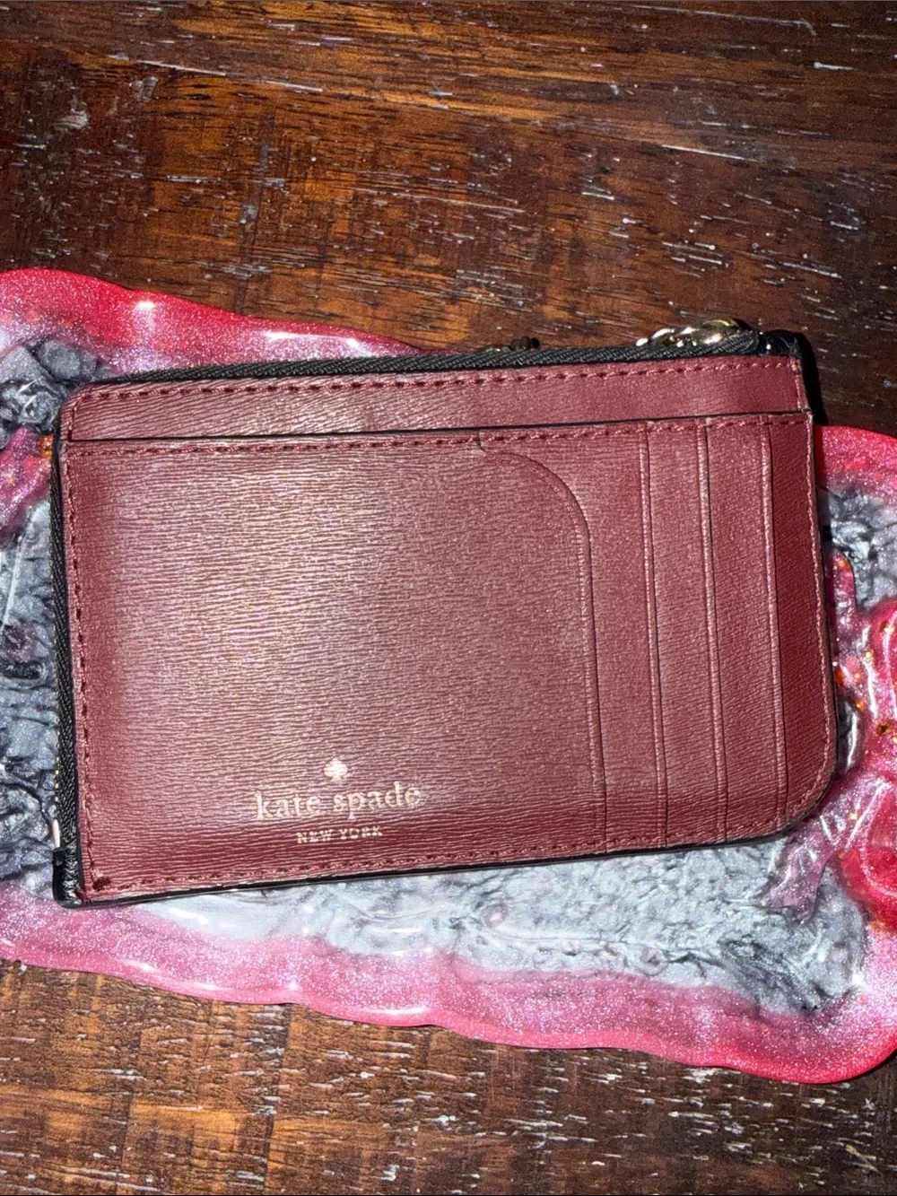 kate spade Black Card Wallet with Pink and Burgundy Dog Face Appliqué